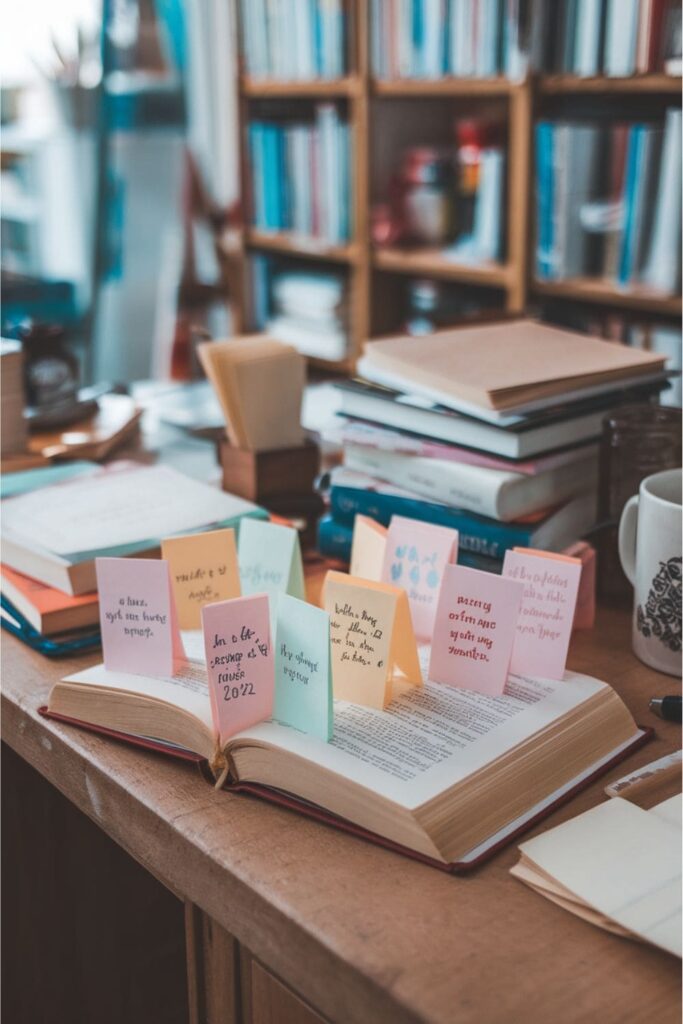 Folded sticky note bookmarks inside an open book