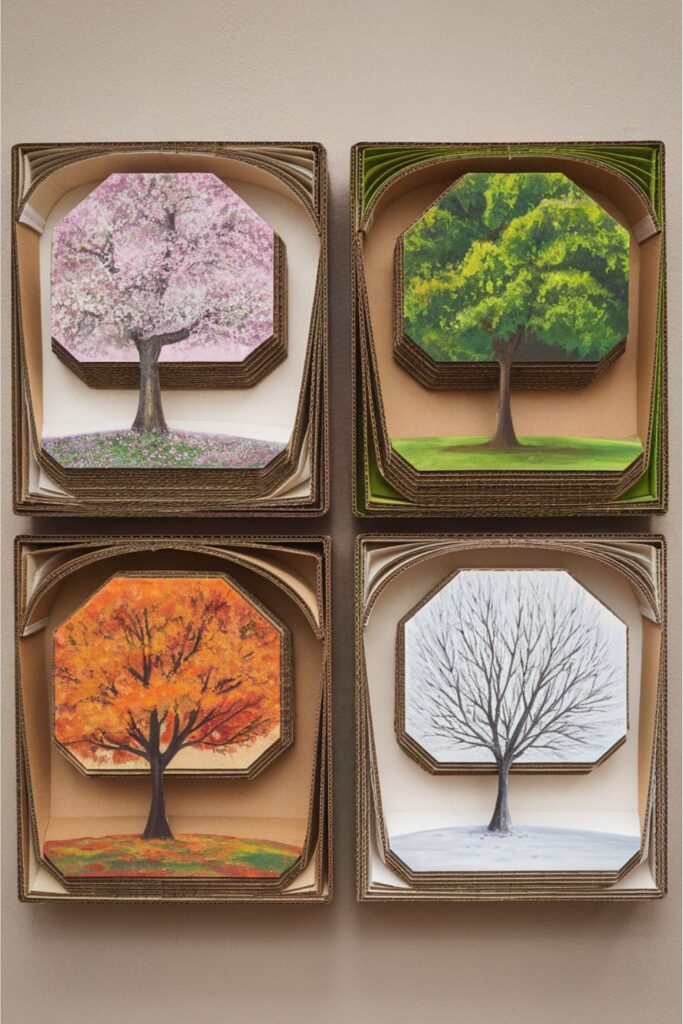 Four panels of a tree in different seasons_ blossoms, green leaves, autumn colors, and bare branches