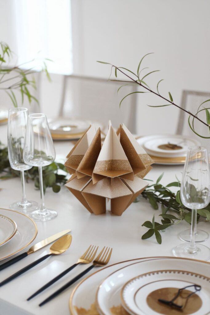 Geometric cardboard centerpiece in metallic gold on a dining table