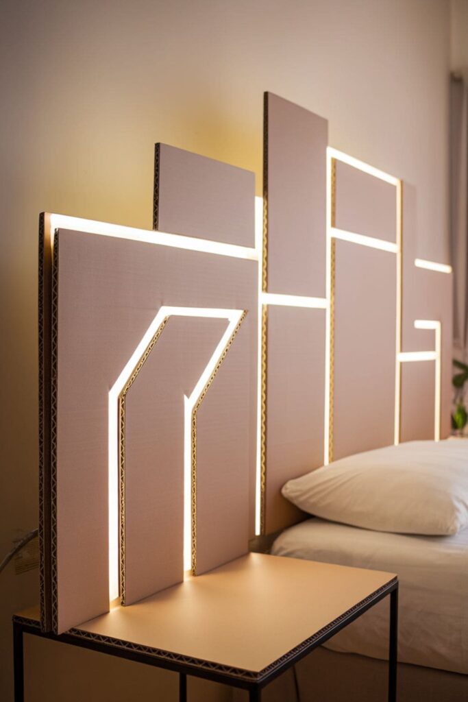 Geometric cardboard headboard with LED strips on a table