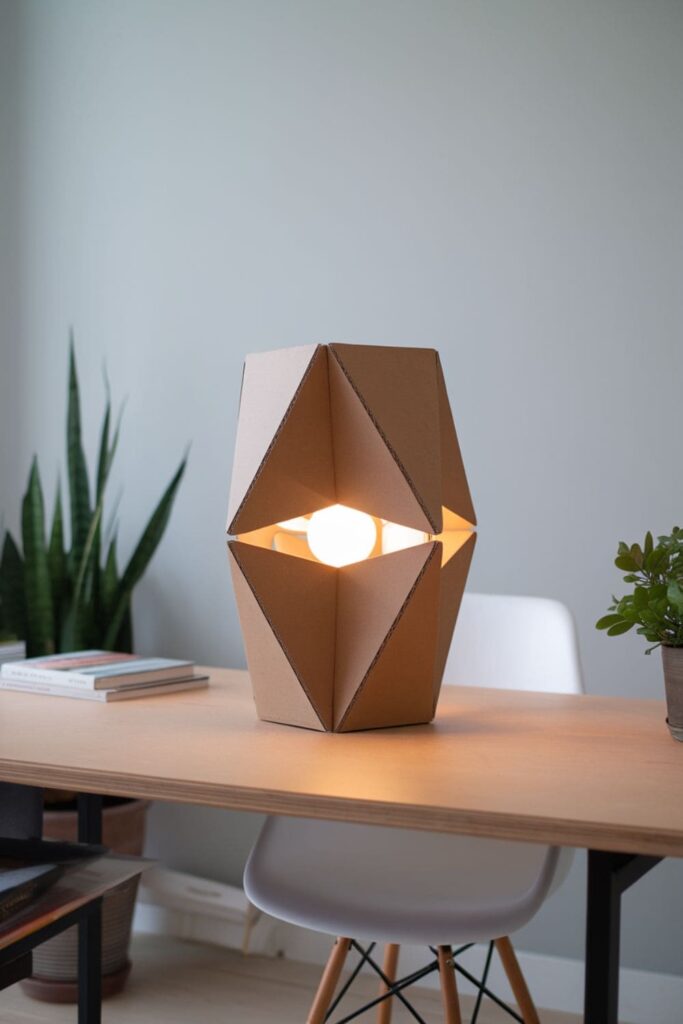 Geometric cardboard lamp glowing with LEDs on a minimalist table