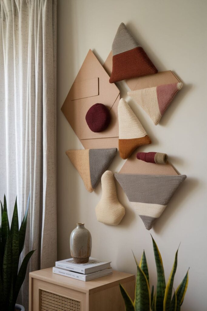 Geometric wool-wrapped cardboard wall decor above a table