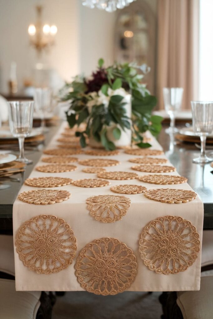 Gold medallion-pattern table runner on a formal dining table