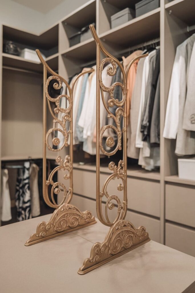 Gold scrollwork closet rod brackets on a table in a modern closet