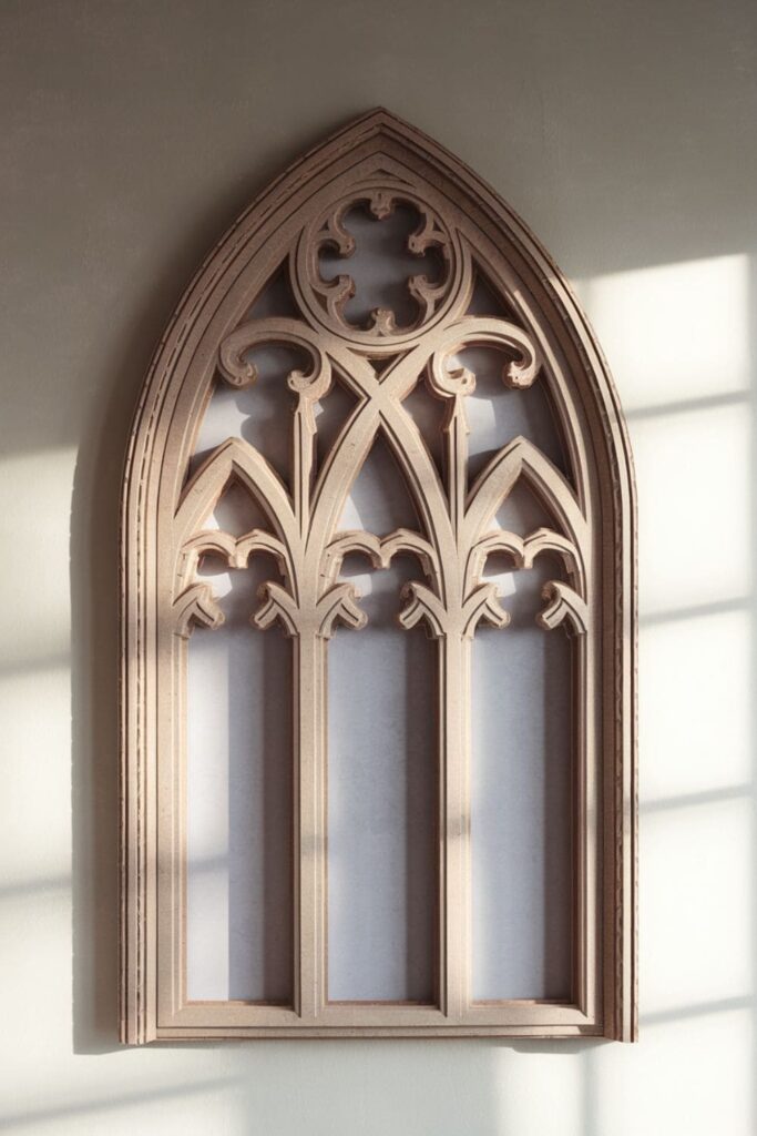 Gothic-style cathedral window made from layered cardboard arches and rosettes