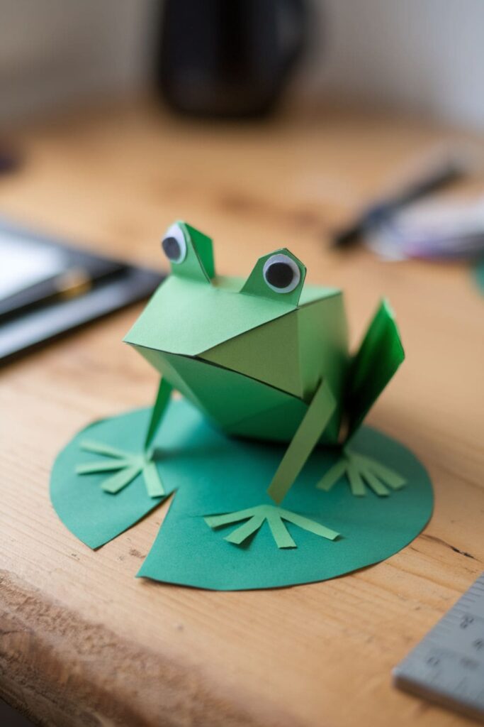 Green paper frog folded from an A4 sheet on a classroom desk