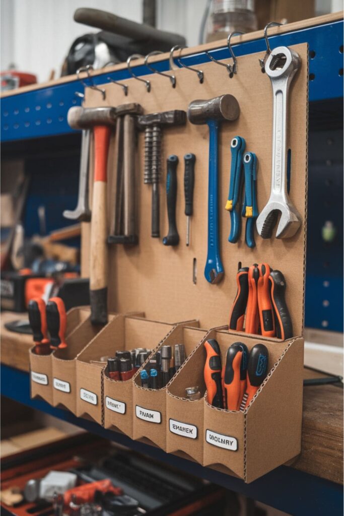 Hanging cardboard tool organizer on a workbench in a garage