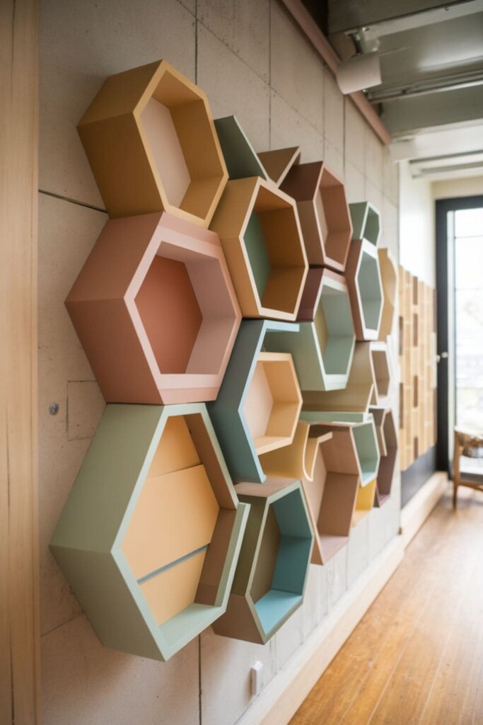 Hexagonal cardboard pieces layered for sound absorption and wall design