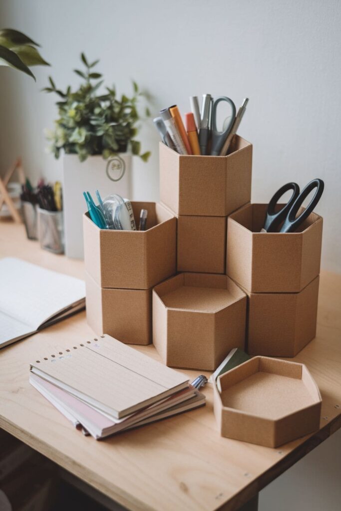 Hexagonal cardboard supply cups holding stationery