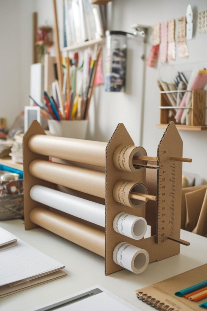 Horizontal cardboard roll holder on a table in a craft room