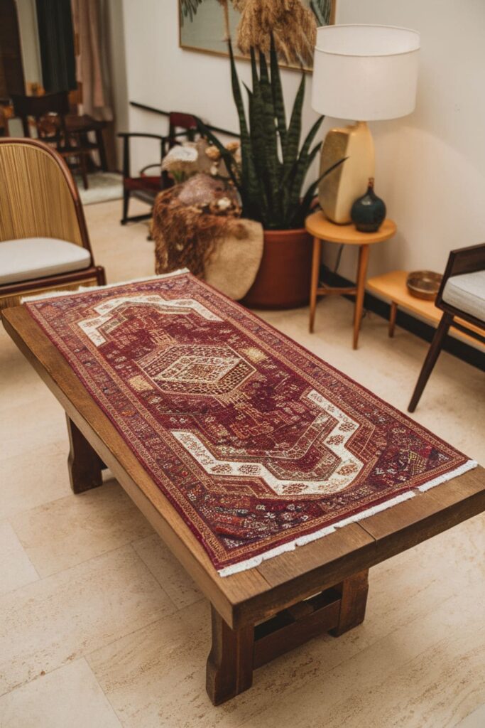 Hot glue Persian carpet design in jewel tones on a table