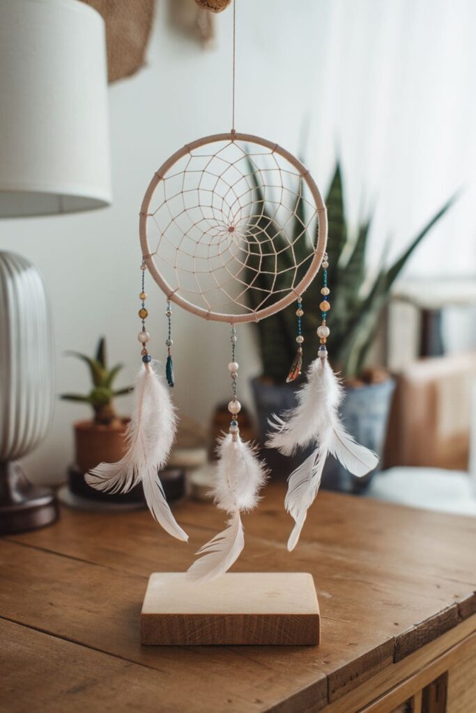 Hot glue dream catcher with beads and feathers on a table