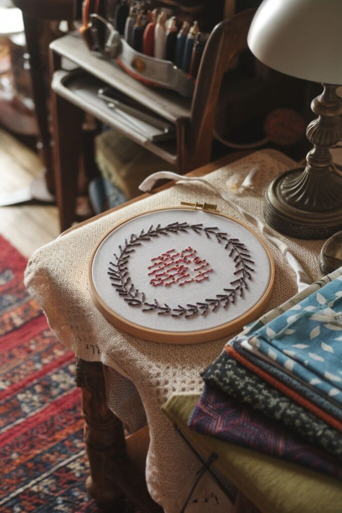 Hot glue embroidery hoop design on fabric on a table