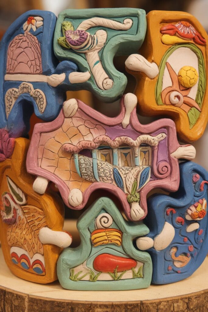 Interconnected clay puzzle pieces with vibrant carvings