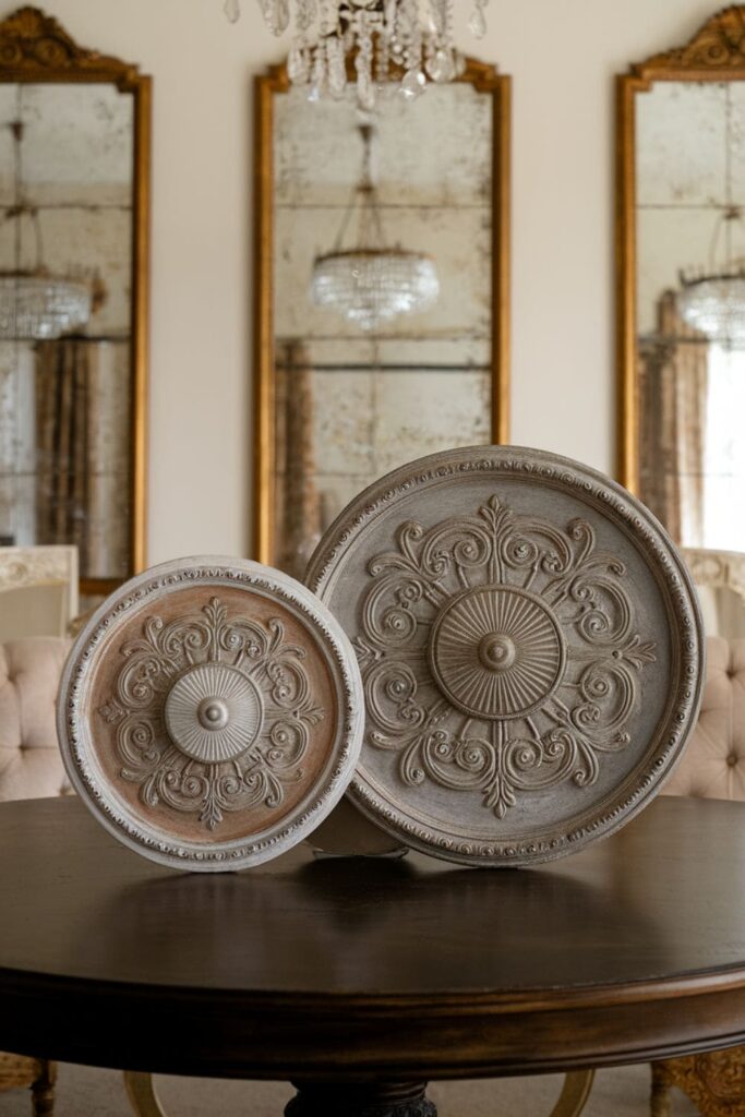 Intricate faux wall medallions with metallic finishes on a table