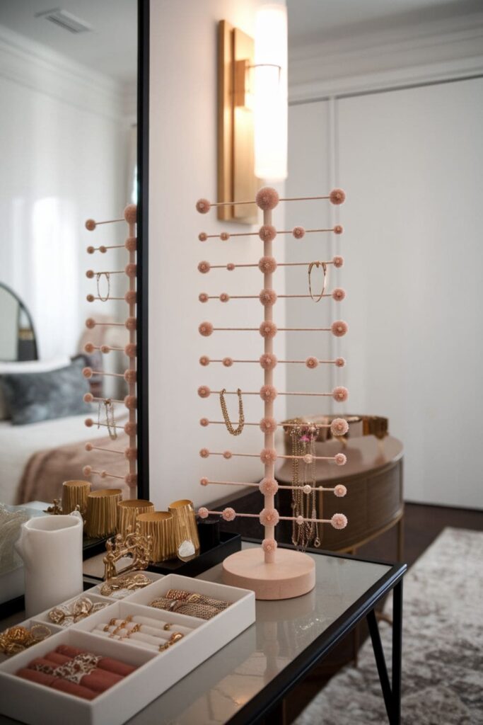 Jewelry stand with hot glue hooks on a vanity table