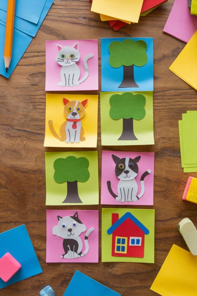 Matching memory game cards made from sticky notes