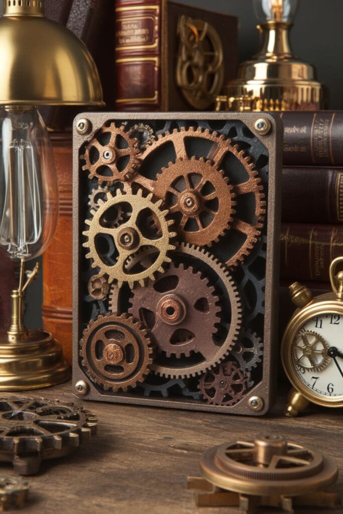 Metallic bronze and copper hot glue gears on a wooden table