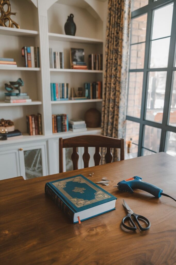 Metallic hot glue book corner protectors with intricate designs on a table