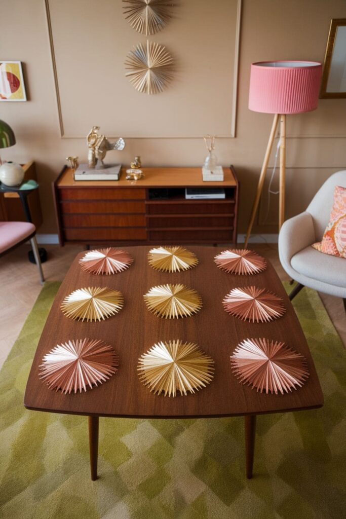 Metallic mid-century hot glue starburst designs on a wooden table