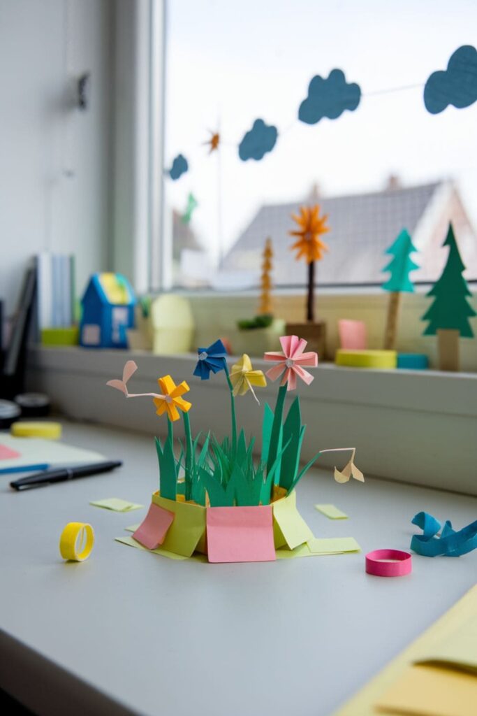 Mini desktop garden made of folded sticky notes