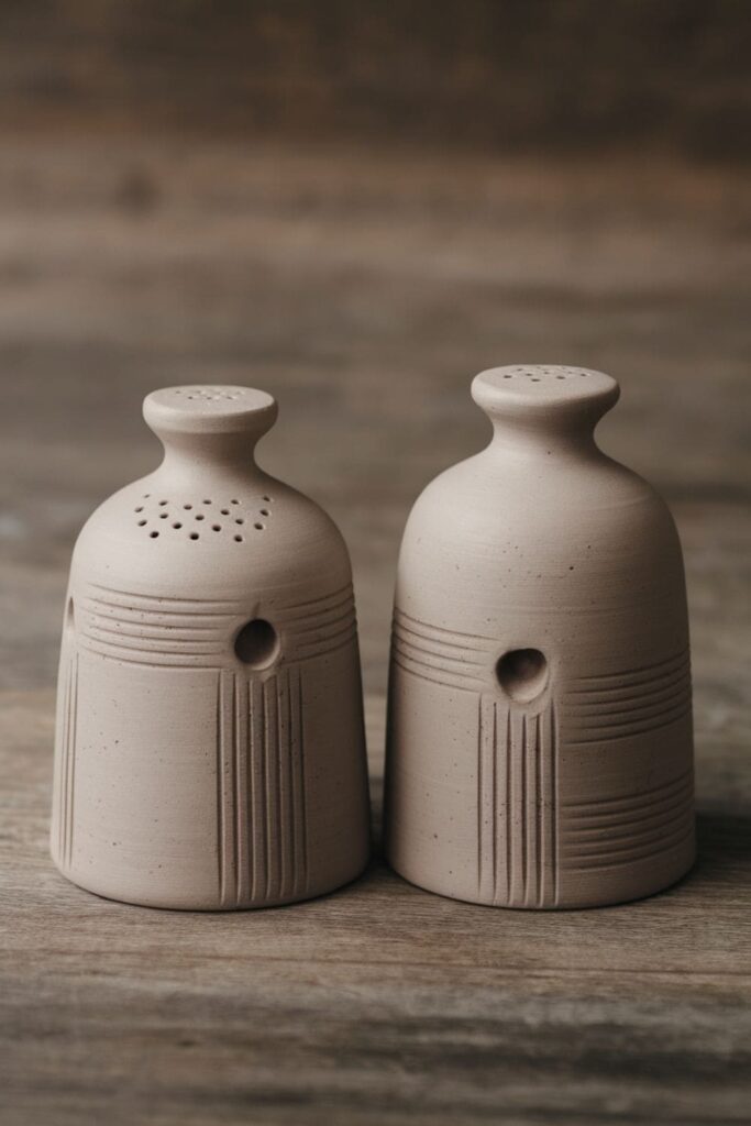 Minimalist clay salt and pepper shakers with matching geometric designs