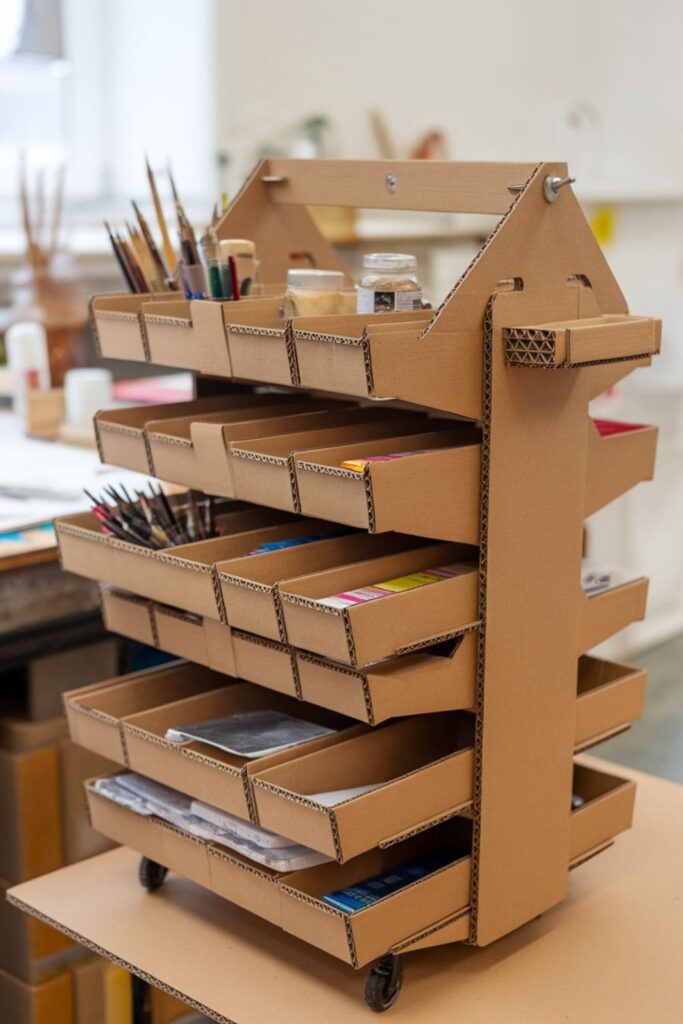 Mobile cardboard art supply cart on a table in an art studio