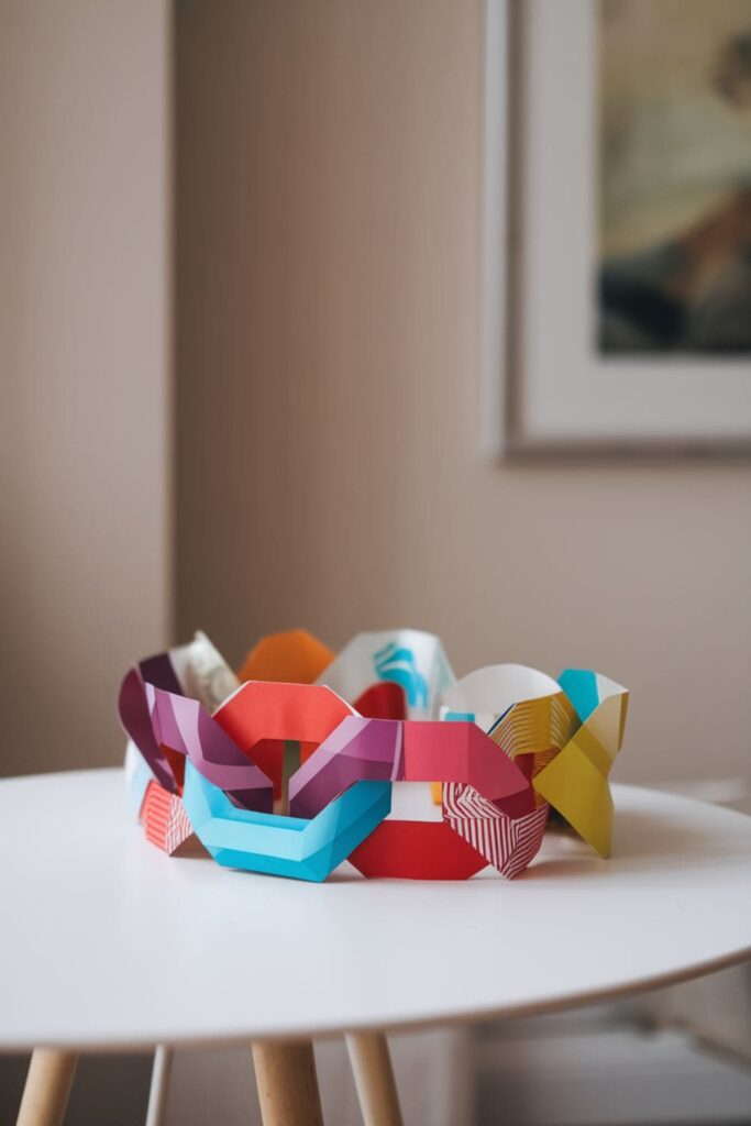 Modern paper chain decorations from A4 sheets on a white table