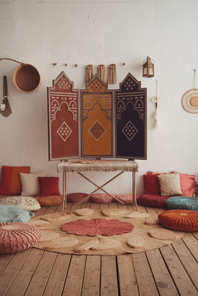 Moroccan-style cardboard panels in jewel tones on a table