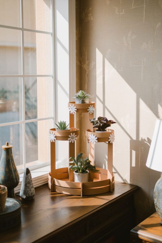 Multi-level cardboard plant stand with floral supports on a table in a sunlit room