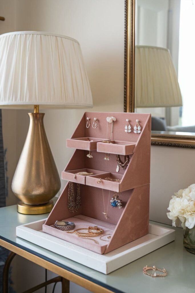 Multi-tier cardboard jewelry organizer on a bedroom table