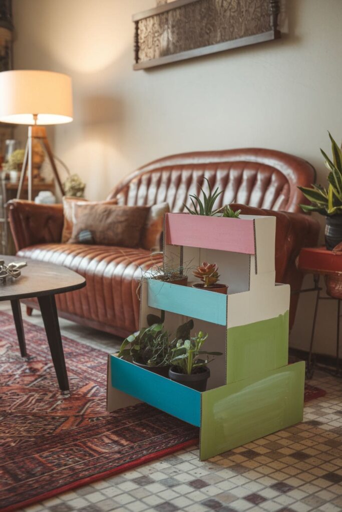 Multi-tiered cardboard plant stand with small potted plants on a table