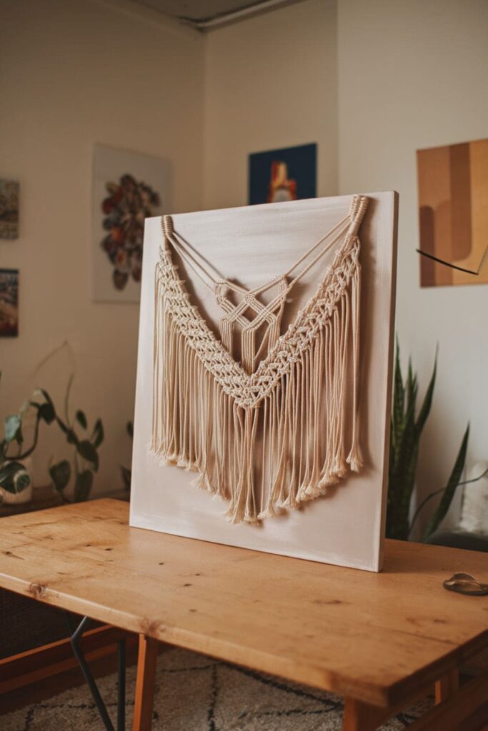 Neutral-toned hot glue wall art with woven texture on a wooden table