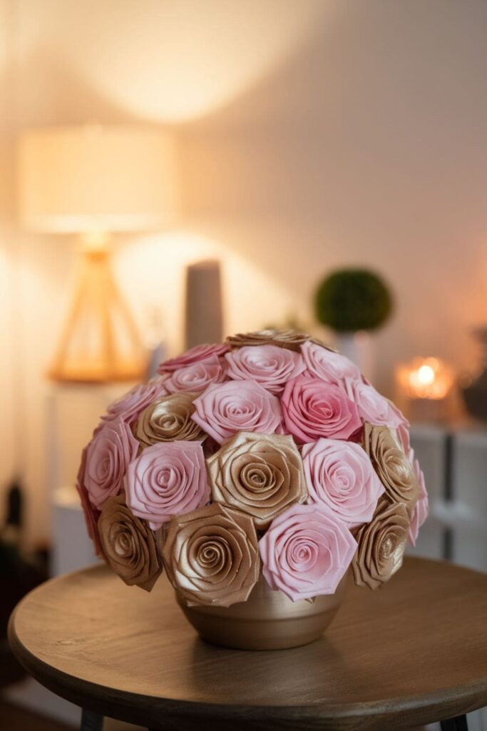 Ombre-painted hot glue flowers arranged on a wooden table