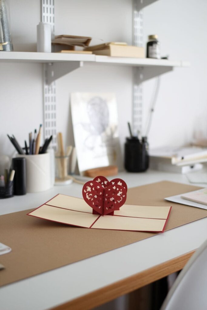 Open pop-up card with a 3D heart design on a tidy desk