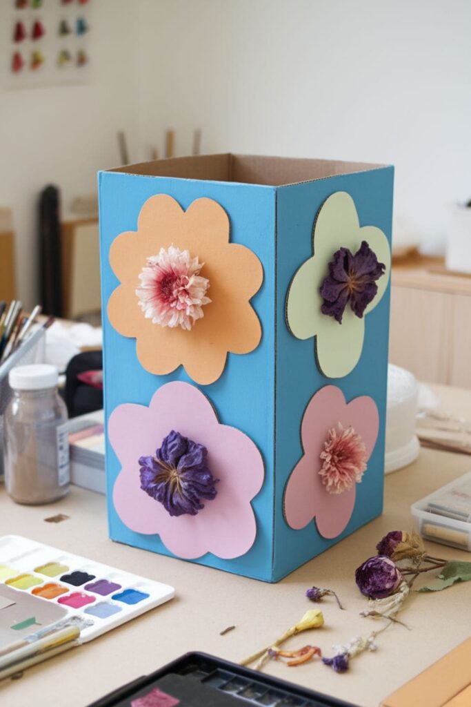 Painted cardboard storage box with flower accents on a table in a craft room