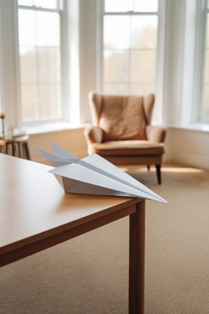 Paper airplane folded from a white A4 sheet on a wooden table