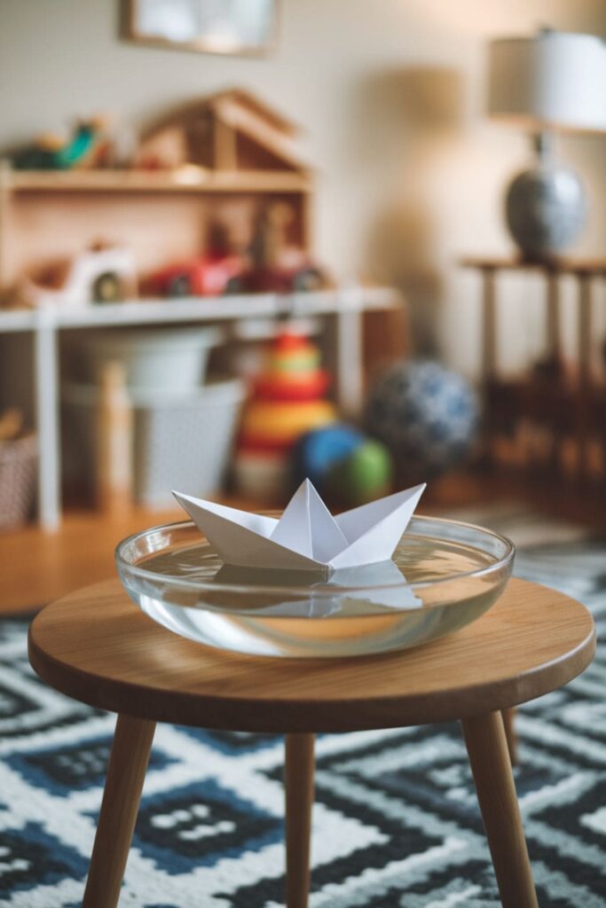 Paper boat folded from a white A4 sheet floating in a bowl