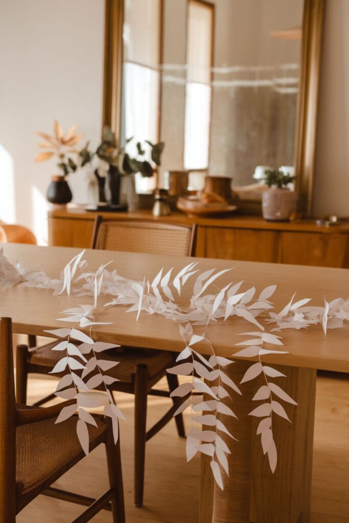 Paper leaf garland made from A4 sheets on a dining table