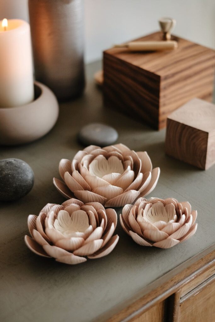 Pearlescent hot glue lotus flowers displayed on a table