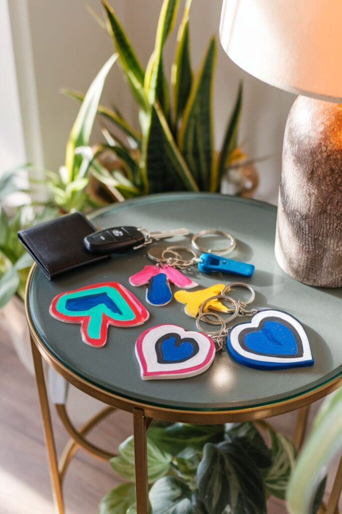 Personalized hot glue keychains in bright colors on a table