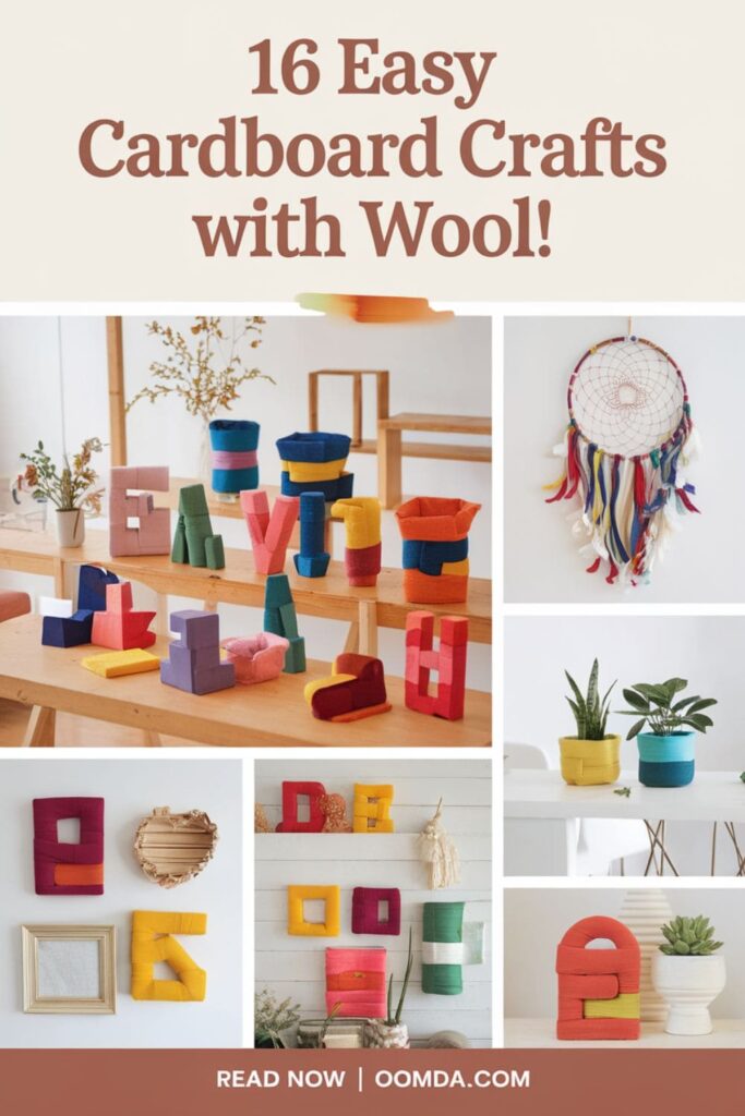 Pinterest image with colorful wool crafts and text '16 Easy Cardboard Crafts with Wool!'