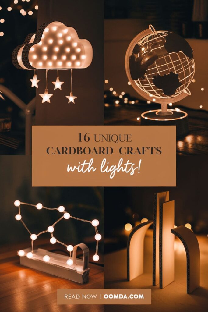 Pinterest image with glowing cardboard crafts and text '16 Unique Cardboard Crafts with Lights!'