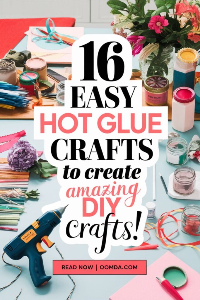 Pinterest image with hot glue crafts text overlay and craft supplies background