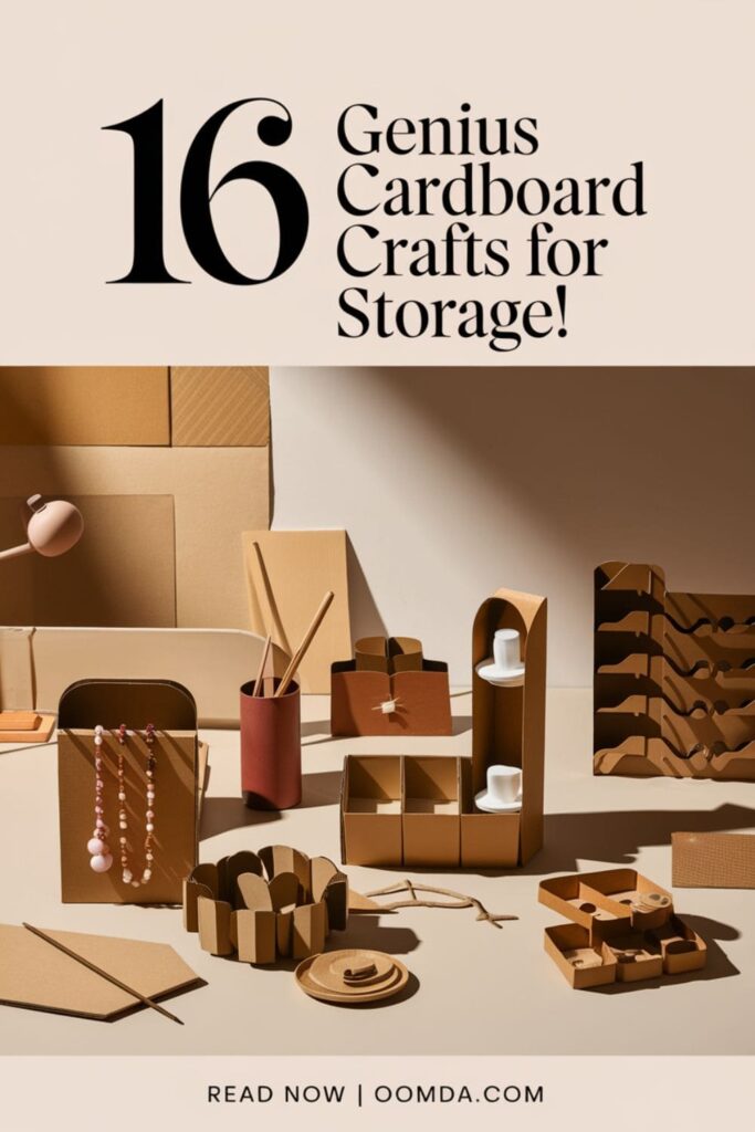 Pinterest-style image with cardboard crafts and text_ '16 Genius Cardboard Crafts for Storage!'