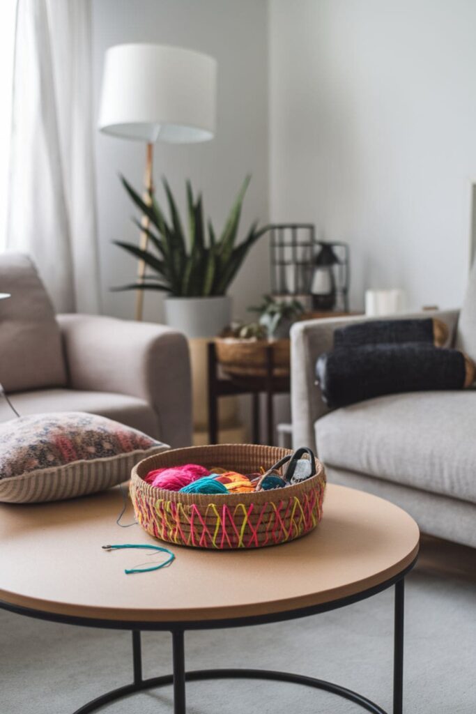 Round cardboard basket woven with wool on a table