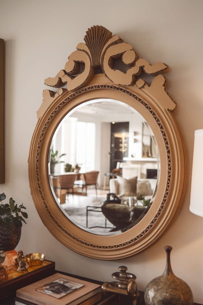 Round mirror with a layered cardboard frame painted gold on a table