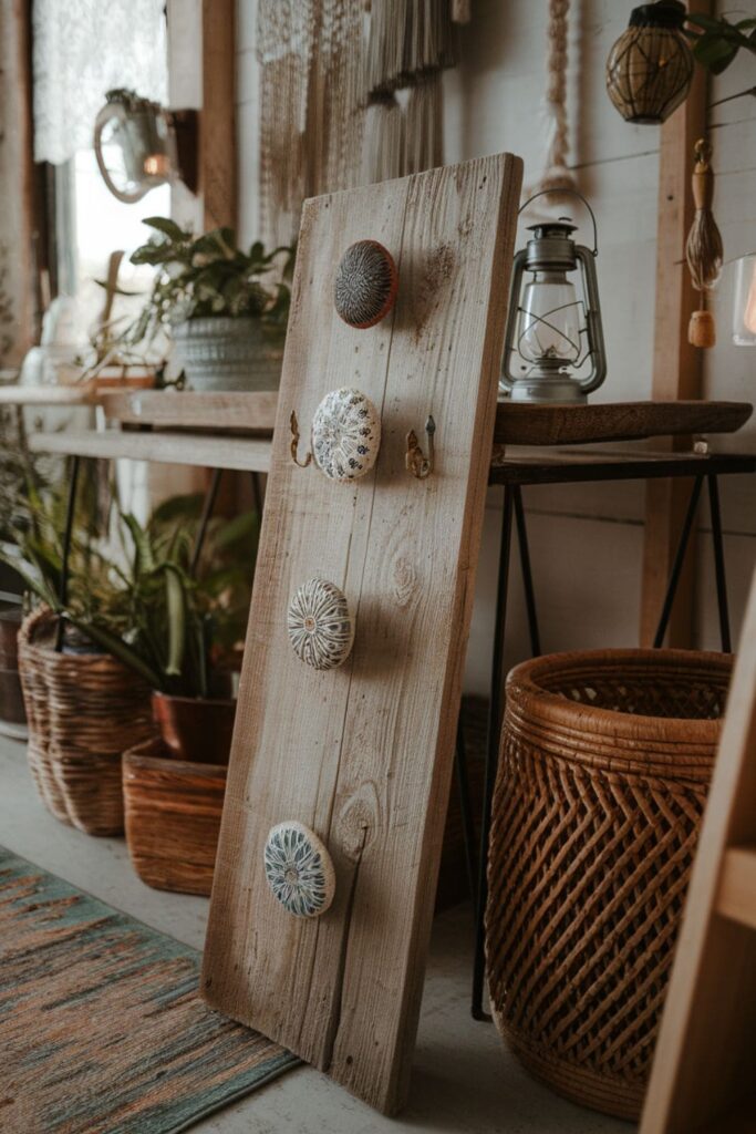 Rustic wooden key holder with decorative hooks on a table