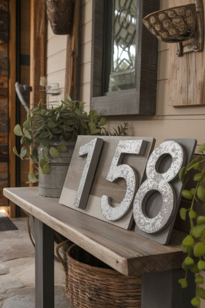 Silver house numbers with raised borders on a table in a rustic entryway