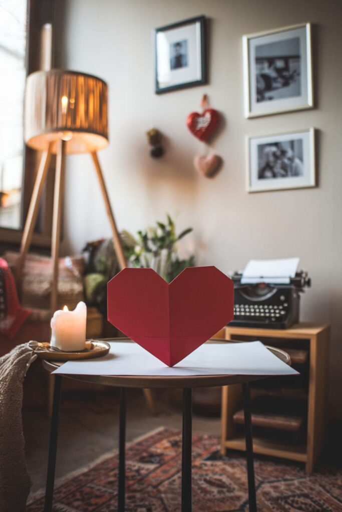 Simple red paper heart made from an A4 sheet on a table